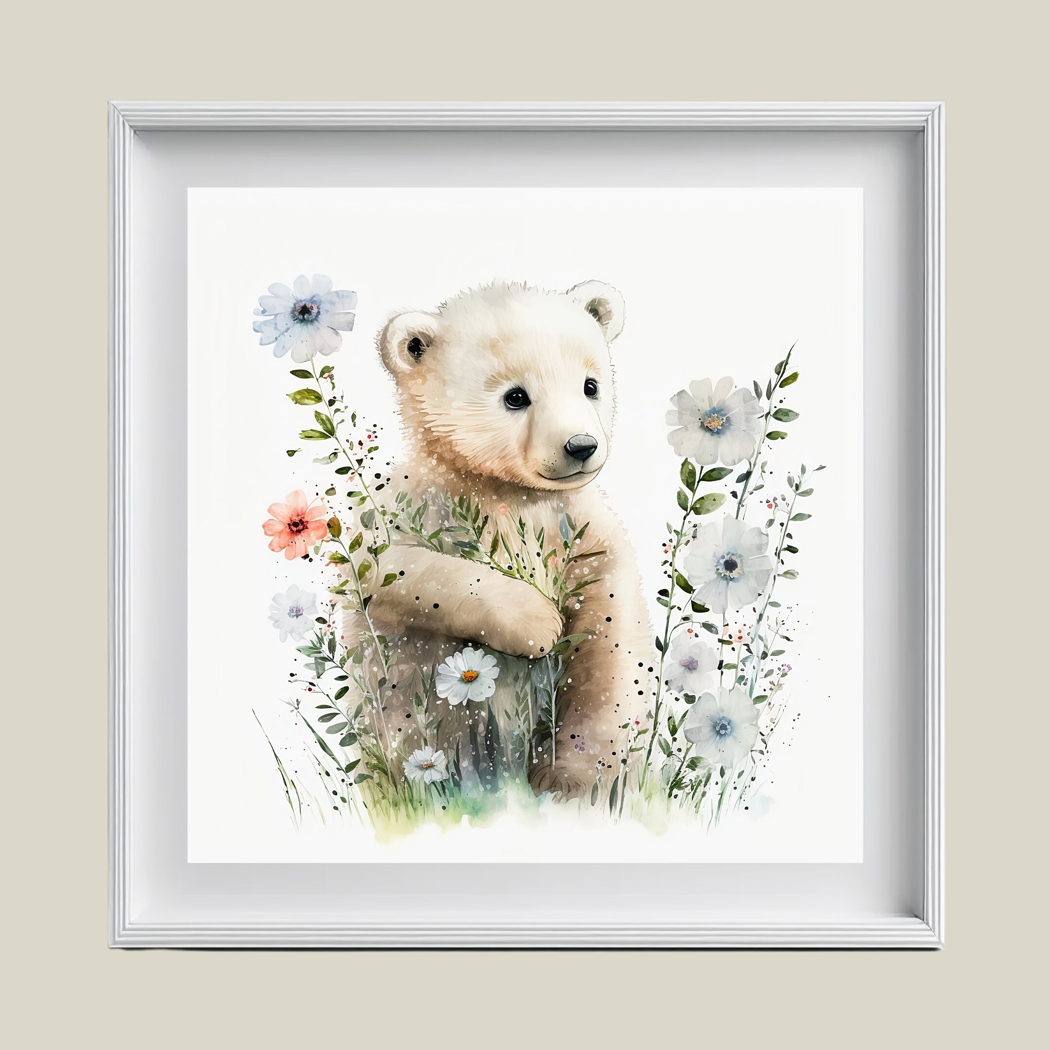 花の水彩画の中にいるかわいい赤ちゃんシロクマ - 壁の装飾用の
