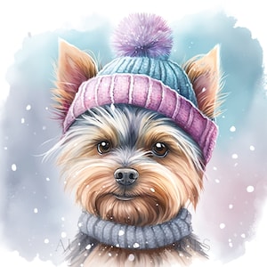 Yorkshire Terrier Watercolor Clipart Yorkshire Terrier Dog Watercolor Cute Baby Puppy Christmas Winter Portrait Wall Decor -DIGITAL DOWNLOAD