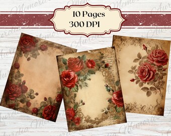 Vintage Red Roses Digital Paper Red Roses Scrapbooking Old