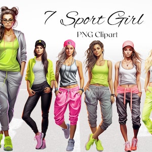 Sport Mädchen Aquarell Clipart 7 PNG Dateien Sportlicher Stil mit Neon Details Fashion Clipart Fitness Illustration Mode - DIGITAL DOWNLOAD
