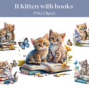 Kitten with Stack of Books Watercolor Clipart 11 PNG Files Cute Cats Clipart Watercolor Flowers Watercolor Bookish Cats DIGITAL DOWNLOAD