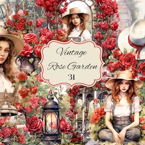 Vintage Rose Garden Clipart Watercolor 31 PNG Files Red Roses Illustration Vintage Girl Clipart Bundle Rose Arch - DIGITAL DOWNLOAD