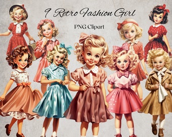 Retro Little Girls Clipart Watercolor 9 PNG Files Vintage Girls Clipart Fashion Fashion Illustration Clipart Bundle -DIGITAL DOWNLOAD