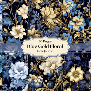 Azul oro floral papel digital flores patrones scrapbooking azul y oro basura diario papel textura fondos efímera