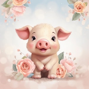 Lindo cerdo Clipart vivero decoración bebé cerdo lindo bebé Animal Floral Clipart pared arte cerdo ilustración - DESCARGA DIGITAL