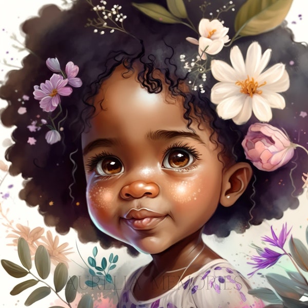 BÉBÉ FILLE Aquarelle Clipart Nursery Decor Portrait d’enfant à la peau foncée afro-américaine d’un bébé mignon - TÉLÉCHARGEMENT NUMÉRIQUE