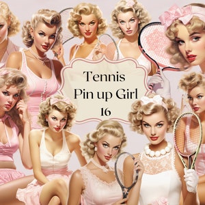 Pin up Tennis femmes Clipart 16 fichiers PNG rétro femmes en tenue de Tennis rose Vintage Illustration Sports Clipart Junk Journal Scrapbooking