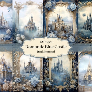 Castillo azul romántico castillo de papel digital en fondos enmarcados en oro papel de álbum de recortes papel de diario basura rococó marcos vintage