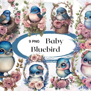 Acuarela bebé Bluebird Clipart 9 archivos PNG Blue Thrush Clipart Ilustración de primavera Blue Bird Pink Roses Junk Journal Scrapbooking