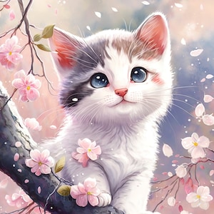 Japón gato acuarela Clipart vivero decoración Japón bebé gatito acuarela lindo bebé gatito con flores acuarela -DESCARGA DIGITAL