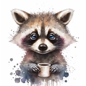 Raccoon Watercolor Clipart Nursery Decor Baby Raccoon Watercolor Cute Baby Animal Watercolor Clipart Raccoon Coffee -DIGITAL DOWNLOAD