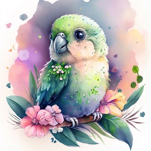 Parrot Watercolor Clipart Nursery Decor Baby Parrot Watercolor Cute Baby Bird Flowers Watercolor Clipart Wall Decor -DIGITAL DOWNLOAD