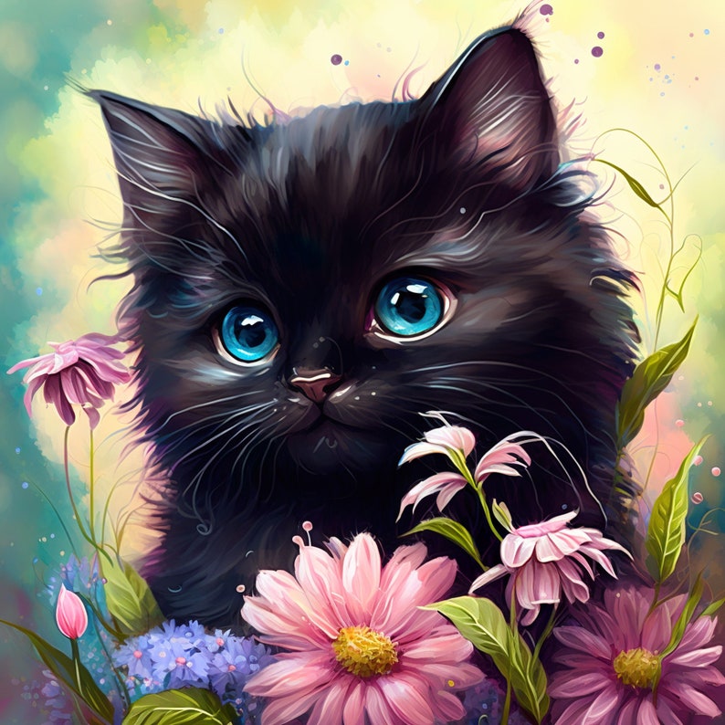 Peut inclure: Un chaton noir aux yeux bleus est assis dans un champ de fleurs roses et violettes. La fourrure du chaton est douce et moelleuse, et ses yeux sont brillants et curieux.