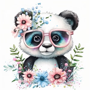 Panda aquarelle Clipart pépinière Decor bébé Panda aquarelle Panda ours avec des lunettes aquarelle Clipart fleurs aquarelle-téléchargement numérique