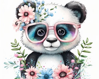 Panda Watercolor Clipart Nursery Decor Baby Panda Watercolor Panda Bear with Glasses Watercolor Clipart Flowers Watercolor -DIGITAL DOWNLOAD