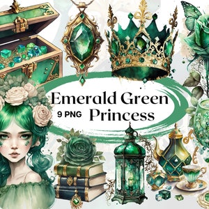 Emerald Green Princess Watercolor Clipart- 9 High Quality PNG Files - Fantasy Clipart Fairytale Clipart Card Making -DIGITAL DOWNLOAD