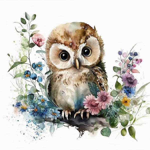 Elegant Owl in Flowers Watercolor Clipart - Digital Download File for Wall Decor Owls Watercolor Floral Design Animal Baby Owl Nature