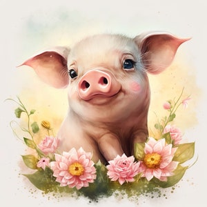 Cerdo acuarela Clipart vivero decoración bebé cerdo acuarela lindo bebé Animal acuarela Clipart granja pared decoración-descarga DIGITAL