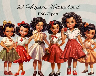 Hispanic Little Girls Clipart Vintage Retro Watercolor 10 PNG Files Latin Girl Fashion Illustration Clipart Bundle -DIGITAL DOWNLOAD