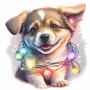 Hund Aquarell Clipart Niedlicher Baby Hund Welpe Aquarell Weihnachten Winter Portrait Hund mit WeihnachtsschmuckWanddeko -DIGITAL DOWNLOAD
