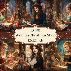 Vintage Frau Weihnachtsshop Clipart 10 JPG Aquarell Mädchen arbeiten im Weihnachtsshop Digitales Papier Vintage Scrapbooking Winter Journal