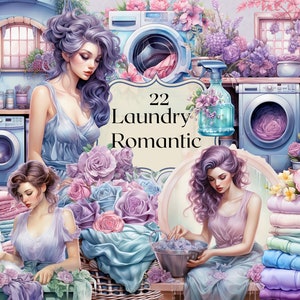 Romantique blanchisserie Clipart 22 fichiers PNG aquarelle laverie Clipart Vintage Illustration fille lavage indésirable Journal Scrapbooking
