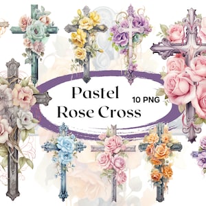 Aquarell Pastell Rose Kreuz Clipart 10 PNG Dateien Oster Kurzefix Clipart Taufe Kommunion Kartenherstellung Kreuz Junk Journal Scrapbooking