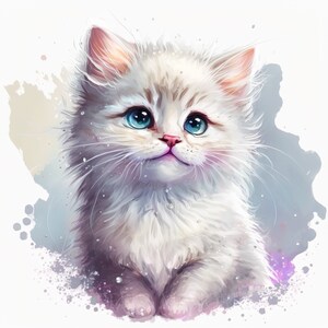 Cat Watercolor Clipart Nursery Decor Baby White Cat Watercolor Cute Fluffy Baby Kitten Flowers Watercolor -DIGITAL DOWNLOAD