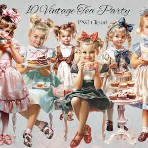 Vintage Little Girls Tea Party Clipart 10 PNG Files Watercolor Girls with Teacups Cakes Vintage Illustration Junk Journal Scrapbooking