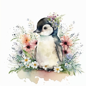 Entzückender Pinguin in Blumen Aquarell Clipart - Digitale Download-Datei für Wanddekoration Pinguin Watercolor Floral Design Baby Pinguin