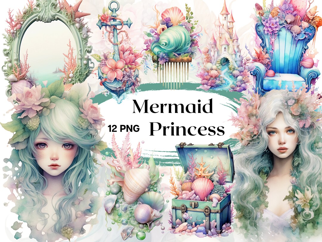 Watercolor Mermaid Princess Clipart 12 PNG Files Pastel Clipart Fantasy ...