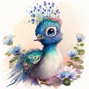 Peacock Watercolor Clipart Nursery Decor Baby Peacock Watercolor Cute Baby Peacock Flowers Watercolor Clipart Peacock Clipart -DIGITAL DOWNLOAD