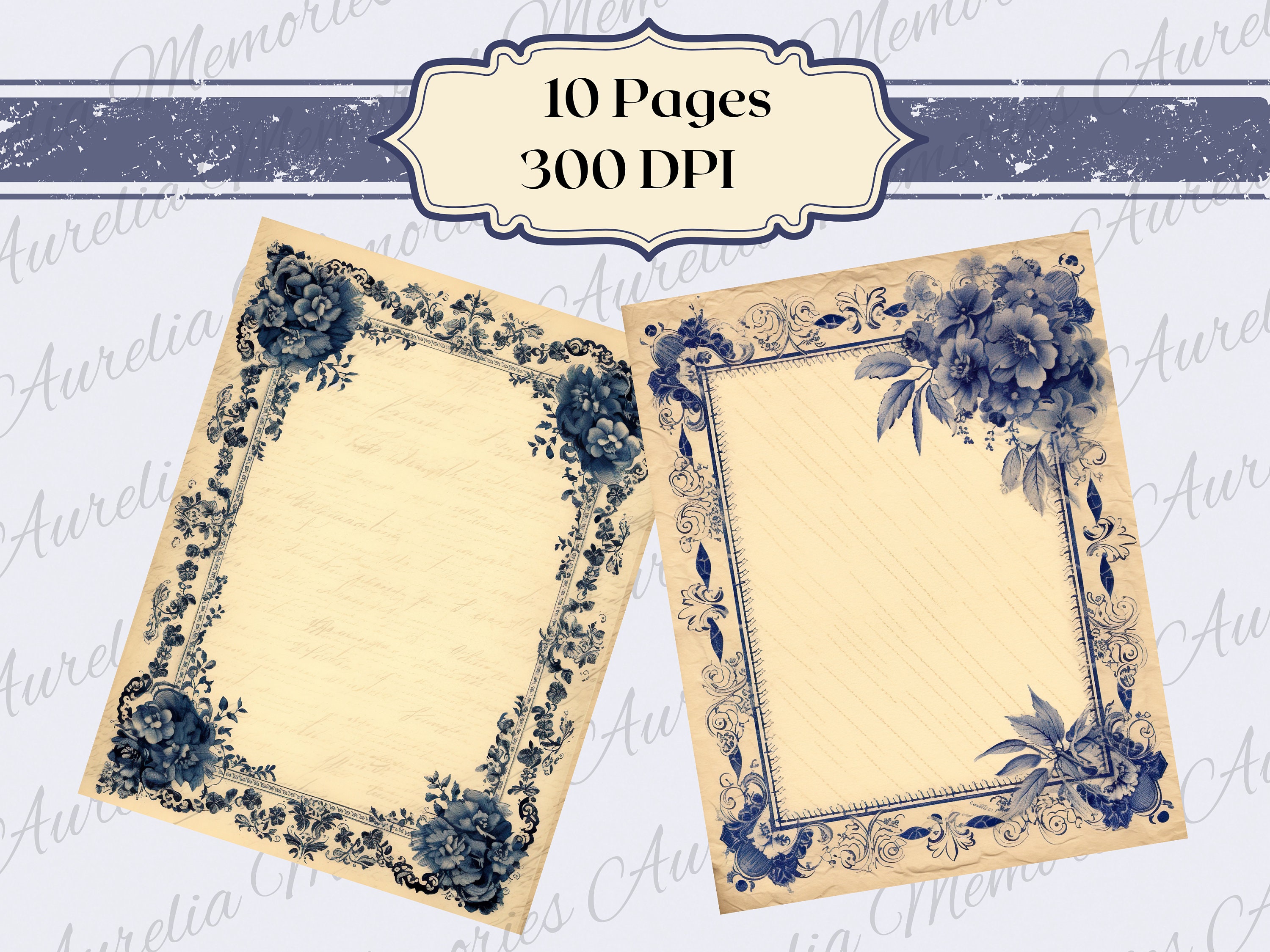 Vintage Azure Floral Frame Digital Paper Antique Old Floral Art
