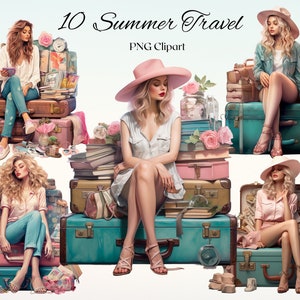 Clipart de garota de viagem de verão 10 arquivos PNG aquarela vintage viagem feminina clipart garota sentada na mala de viagem férias - DOWNLOAD DIGITAL