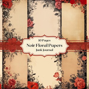 Papel digital de marco floral vintage Antiguo arte floral antiguo Papel de Scrapbook Flores rojas Papel de diario basura Papel romántico