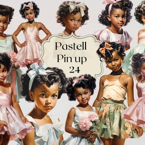 Pin up Pastel Black Little Girls Clipart 24 PNG Files Retro Girl in Pastel Dress Vintage Illustration Junk Journal Scrapbooking