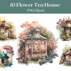 日本の茶室の水彩クリップアート - 10 個の高品質 PNG ファイル - フラワー ハウス ヴィンテージ花茶室のカード作成 - デジタル ダウンロード