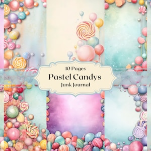 Puede incluir: Un paquete de papel digital para scrapbooking con 10 páginas con dulces, piruletas y globos de color pastel. El título "Pastel Candys Junk Journal" se muestra en la portada.