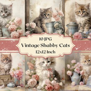 Vintage Shabby Chic Katzen Clipart 10 JPG Aquarell Kätzchen Digitales Papier Vintage Scrapbooking Antik Journal Blumen Hintergründe