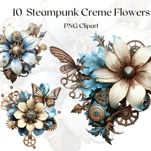 Steampunk Cream Flowers Clipart 10 PNG Files Cream Blue Flowers Clipart Steampunk Illustration Fantasy Clipart Ephemera -DIGITAL DOWNLOAD