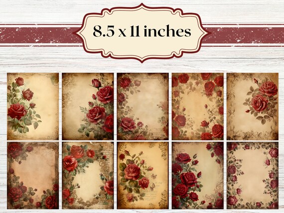 junkjournal【antique Red】 Vintage red roses digital junk journal, scrapbook paper