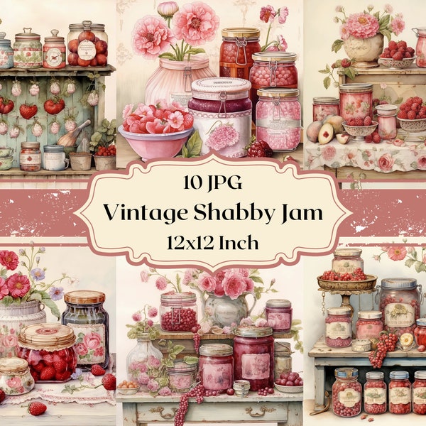 Vintage Shabby Jam Clipart 10 JPG Watercolor Jam Jars Digital Paper Vintage Scrapbooking Antique Journal Floral Backgrounds