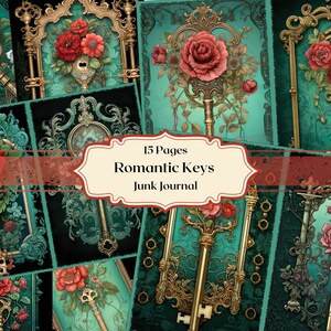 Romantic golden keys with red roses junk journal paper emerald scrapbook paper rococo digital paper keys in frame