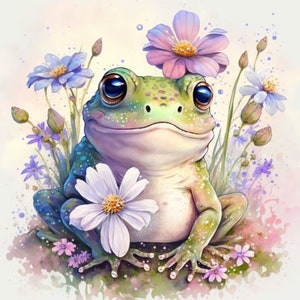 Frosch Aquarell Clipart Kinderzimmer Dekor Frosch Aquarell Süßes Tier Blumen Watercolor Clipart Wanddeko Splash Art - DIGITAL DOWNLOAD