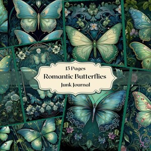 Romantische Schmetterlinge digitales Papier Smaragd Schmetterlinge Hintergründe Scrapbook Papier Rokoko Junk Journal Papier Fantasy Journal