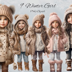 Winter Little Girls Clipart 9 PNG Files Watercolor Little Girls in Winter Coat Fashion Illustration Clipart Bundle-DIGITAL DOWNLOAD