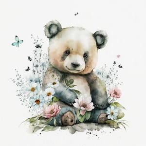 Beautiful Brown Bear in Flowers Watercolor Clipart - Digital Download File for Wall Decor Bear Watercolor Floral Design Animal Baby Bear