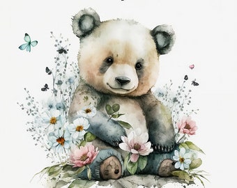 Beautiful Brown Bear in Flowers Watercolor Clipart - Digital Download File for Wall Decor Bear Watercolor Floral Design Animal Baby Bear