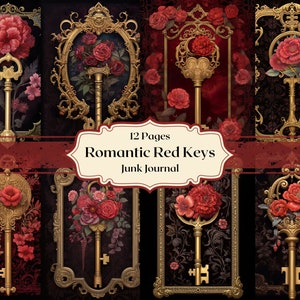 Romantische goldene Schlüssel mit roten Rosen digitales Papier rote Blumen Scrapbook Papier Rokoko Junk Journal Papier Schlüssel im Rahmen