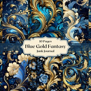 Azul oro fantasía Digital papel fantasía patrones Scrapbooking azul y oro basura diario papel fondos abstractos efímera